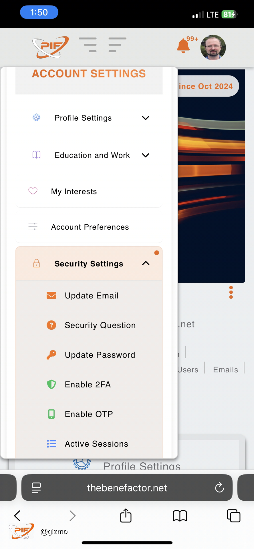 Screenshot of security settings